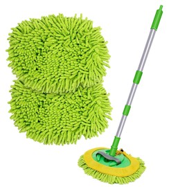 47.5" Car Wash Brush Mop Cleaning Tool with Long Handle Kit for Washing Detailing Cars Truck, SUV, RV, Trailer, Boat 2 in 1 Chenille Microfiber Sponge Duster Not Hurt Paint Scratch Free