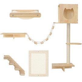HOOBRO Wood Cat Wall Shelves, Set of 5 Modern Cat Wall Furniture with Corridor, Plush Hammock, Steps, Scratcher and Climbing Shelves for Playing, Sturdy, Durable and Safe, Natural NL45CS03