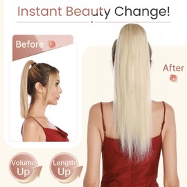 Elailite Ponytail Extension Real Human Hair Claw Clip Natural HairPiece Straight (#60 Platinum Blonde, 16 Inch)