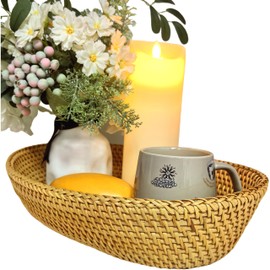 i-lan High Wall Natural Wicker Woven Bread Serving Basket Handwoven Natural Rattan Food Fruit Oblong Basket Restaurant Wicker Oval Serving Bowl,15" x 10.2" x 3.35"
