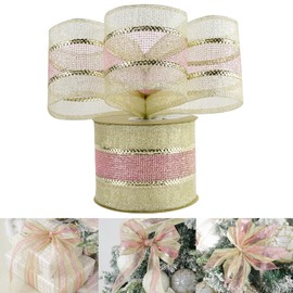 HUIHUANG Pink and Gold Christmas Ribbon 2.5 inch Metallic Gold with Pink Glitter Mesh Wired Ribbon for Christmas Tree Decorations, Garlands, Wreaths, Bows, Crafts, Home Decor-Continuous 10 Yards