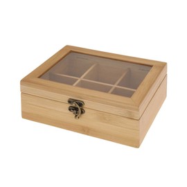WOODEN BAMBOO RETRO BOX TEA BAG CHEST CADDY TRANSPARENT LID 6 COMPARTMENT 573910