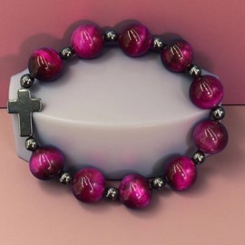 Catholic Natural Stone Rose Red Teye Stone Cross Bracelet Prayer Bracelet (Rose Red)