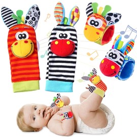 4 Piezas Sonajero Calcetines y Muñequeras, Sonajeros de Muñeca Animales Lindos, Juguete Sensorial con Sonaja, Sonajeros para Manos y Pies Sonido Estimulante Temprano y Colores Brillantes