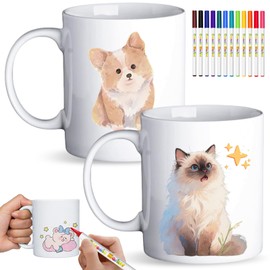Set of 2 Ceramic Cups Painting Set, White Cups for Painting with 12 Paint Brushes, DIY Cups Craft Set, Cup Self Painting for Individual Gifts and Leisure Activities - Craft Set Adults