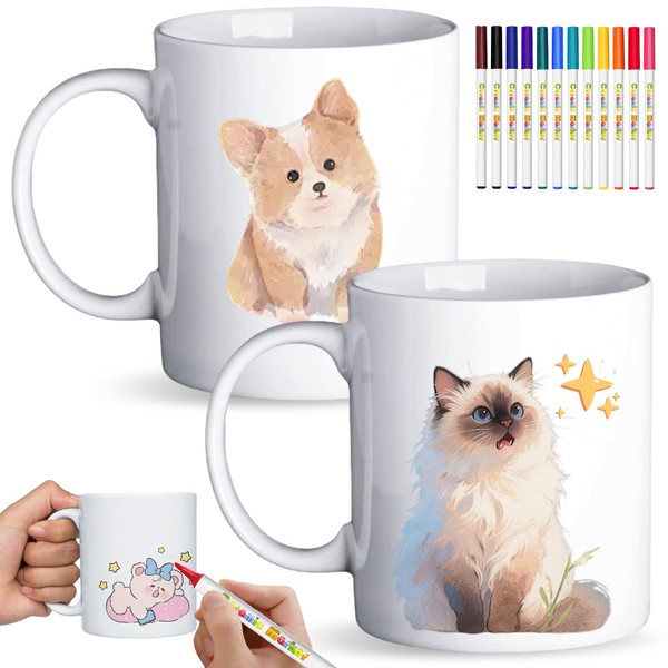 Set of 2 Ceramic Cups Painting Set, White Cups for