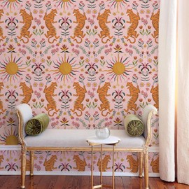 JiffDiff Pink Tiger Peel and Stick Wallpaper - Tropical Tiger Boho Removable Self Adhesive Jungle Animal Wall Paper for Bedroom, Living Room, Nursery Waterproof DIY Wall Decor (17.3" x 120")