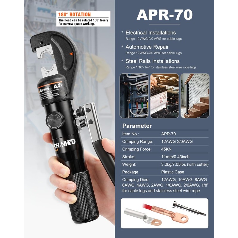CHANHYD Hydraulic Crimping Tool & Cutter - 8 US TON,