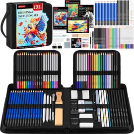 133 Pack Drawing Set Sketching Kit, Pro Art Supplies with Sketch Book, Coloring Book, Watercolor Pad, Black Paper Pad, Graphite Colored Charcoal Watercolor & Metallic Pencils, for Artists Adults Kids