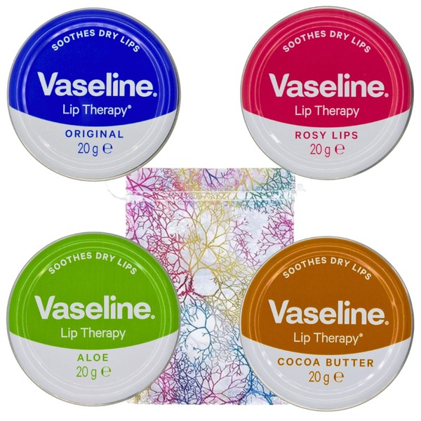 Vaseline Lip Balm 4 X 20g (Rosy Lips, Cocoa Butter, Aloe, Original) Lip Balm Set Bundle with Glameno Drawstring Organza Bag