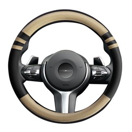 Sport Steering Wheel Cover for Cars – Premium Black & Beige NAPA Leather, Dynamic Stitching, Enhanced Grip, Comfortable Fit for 15 Inch Wheels, Easy to Install (Beige, M-15)