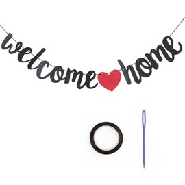 Viiotu Welcome Home Banner, Welcome Home Banners Flag, Glitter Bunting Backdrop with Shiny Powder, Welcome Rope & Easy Assembly for Home Decor, Housewarming, Military Homecomings, Family Celebrations (Black+Red)