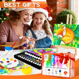 POPYOLA Acrylic Paint Set for Kids, Non Toxic Kids Painting Set with Tabletop Easel, Acrylic Paints, Smock, Canvases, Wooden Stencils, Brushes, Painting Kit Gift for Beginner Student Toddlers