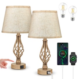 Touch Table Bedside Lamps Set of 2, Bedside Nightstand Lamps with USB Type-C Ports, Desk Lamp for Living Room Bedroom Side Table (Wooden Color Base)