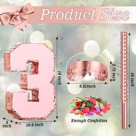 Number Piñata Rose Gold Piñata with Stick Blindfold Confetti, Princess Piñata for Girls Birthday Party Anniversary Celebration Decorations Supplies, 16 X 11 X 3 Inches(Number 3)