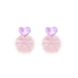Pom Pom Heart Earrings Puffy Cute Resin Sweet Candy Color Love Heart Shaped Soft Faux Fur Hairball Circle Round Ball Fluffy Stud Earrings for Women Valentine's Day Birthday Trendy Jewelry Gifts (Purple)