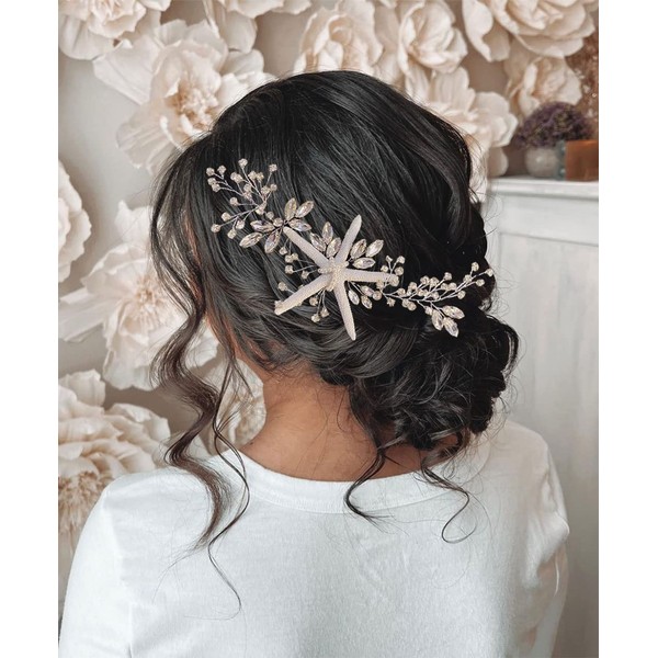 Unicra Wedding Starfish Headpiece Bridal Wedding Hair Vine Hair Accessories for Brides and Bridesmaids (23.6 Inches) (Silver) (B)