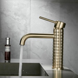 Bathroom Faucet Gold Bathroom Sink Faucet, One Hole Carved Vanity Basin Sink Faucet with Pop Up Drain and Water Supply Hoses, Brass