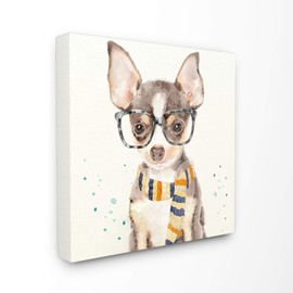 The Stupell Home Décor Collection Hipster Chihuahua Puppy with Glasses and Scarf Watercolor Stretched Canvas Wall Art, 17 x 17, Multi-Color