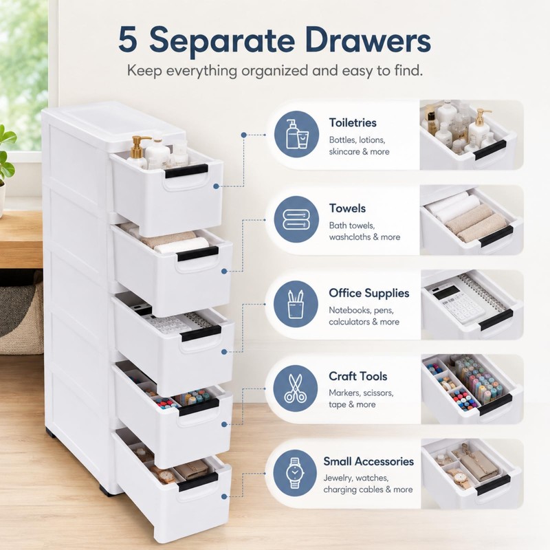 5-Drawer Narrow Storage Cabinet with Wheels, Slim Plastic Storage Drawers