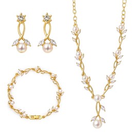 Pearl Jewelry Set Dainty 14K Gold Plated Pearl Necklace and Earring Set With Earrings Bracelets Choker Necklace Allergy Free Wedding Party Jewelry for Bridal Bridesmaid Gift (pearl necklace set 2)