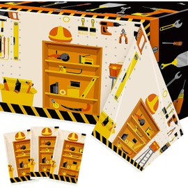 PANTIDE 3Pack Cartoon Cute Tool Party Table Cover Waterproof Rectangle Plastic Tablecloths Party Decoration Hard Hat Nut Bolt Ladder Spade Pattern Picnic Tablecover for Kids Birthday Party Supplies