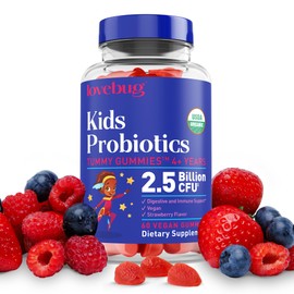 Lovebug Kids Probiotic Gummies – Organic Chewable Probiotics for Kids Aged 4+, Soil-Based Children’s Probiotic for Gut Health, Constipation, Digestive & Immune Support, Vegan, 60 Chews, Strawberry