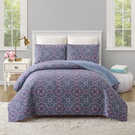 MODERN HEIRLOOM Lavender Florals Quilt and Pillow Sham Set, All Seasons Lightweight Cotton Coverlet Set, 2-Piece Twin/Twin XL, Purple