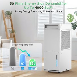 4000 Sq.Ft Dehumidifiers for Home,DECIUU 50 Pint Energy Star Dehumidifier Intelligent Humidity Control with Drain Hose for Basement Large Rooms Bedroom RV Bathroom Light Grey