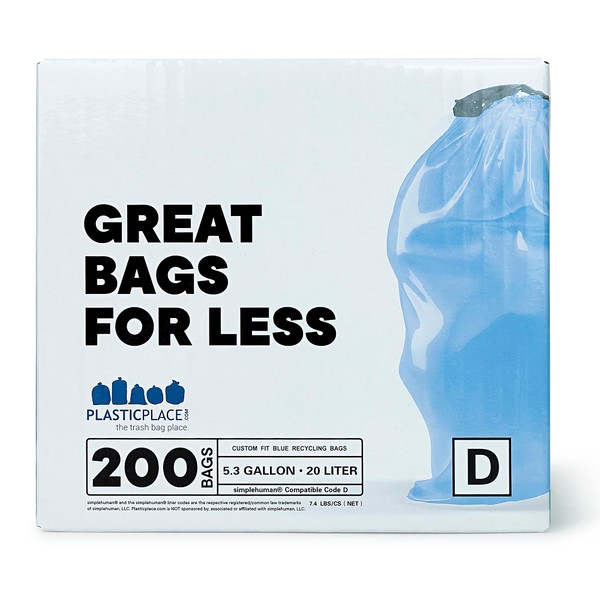Plasticplace Custom Fit Trash Bags, Compatible with simplehuman Code D (200 Count) Tinted Blue Drawstring Garbage Liners 5.2 Gallon / 20 Liter, 15.75" x 28"