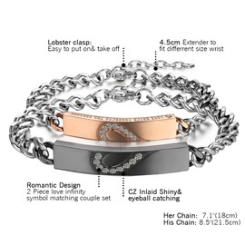 Cupimatch 2pcs CZ His and Hers Couple Bracelets Set, Adjustable Titanium Stainless Steel Always & Forever Forever & Always Love Matching Bracelet Link Jewelry Set (heart)