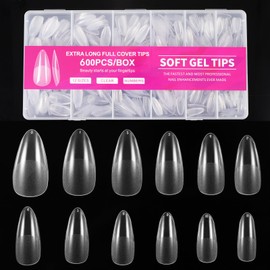 Coptiner 600 Pcs Nail Tips Kit with Storage Box 12 Sizes Half Full Cover False Nails Extensions Soft Gel Clear Almond Shaped Nail Tips for Diy Practice Art Design Salon Gift