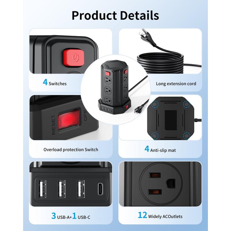 SMALLRT Power Strip Surge Protector, 6.5 Ft Extension Cord with
