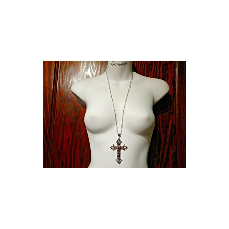 Large Gothic Cross Necklace silver-tone pendant on 24" steel chain