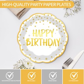 LDFDRT Pack of 50 Party Tableware Birthday Paper Plates, 18 cm Party Plates Paper Party Tableware Decoration for Wedding Garden Party (White Gold Birthday)
