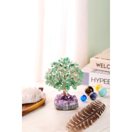 Jovivi Natural Green Aventurine Healing Crystal Money Tree on Amethyst Cluster Geode Druzy Base Feng Shui Crystals for Home Office Desk Decorations, Wealth, Good Luck