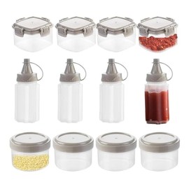 Lovgrin Salsa de Plástico para Condimentos, 12 Mini Botellas Exprimidoras y 1 onza de Sal y Pimienta Bento Caja de Condimentos Ketchup Miel Ensalada Salsa de Salsa, Envase de Aderezo Gris