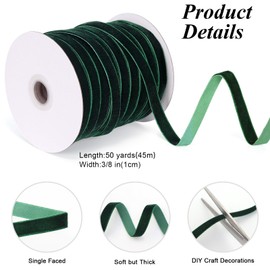 50 Yards 3/8 Inch Velvet Ribbon, Single Face Velvet Fabric Ribbon Roll with Spool Satin for Gift Wrapping, Hair Bows Making, Wedding, Christmas Decoration (Green)