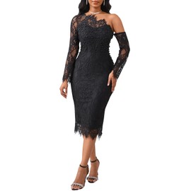 Cololura Elegant Sexy Floral Lace Patchwork Pearl One Shoulder Formal Evening Gown Party Cocktail Bodycon Midi Dress