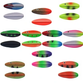 Njord Kalastus Continuous Indicator Set in Box 3.9 g Inline Spoon Trout UV Active and Self-Luminous 3D Eyes Continuous Indicator Trout Bait Inline Spoon Inline Spoons Trout (Set of 10)