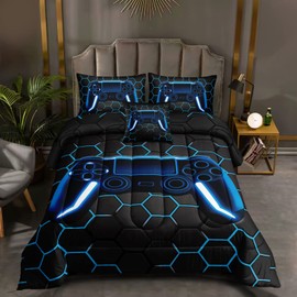 ROWADALO 6 Pieces Gaming Bedding Set for Boys Gamer Comforter Set Full Size,Game Controller Comforter for Boys Kids Teen 3D Gamepad Microfiber Bedding Sets 6 Pieces Bed in A Bag Sets-H50022,Full