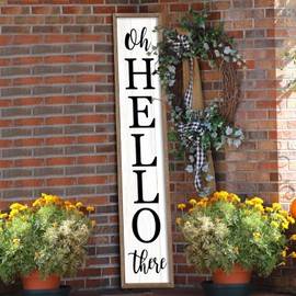 Oh Hello There Outdoor Welcome Sign For Front Porch Standing 45"X9" Large Rustic Farmhouse Vertical Tall Long Wooden Framed Outside Front Door Home Wall Decoration (Wood White)