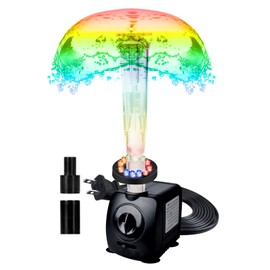 Lewisia Submersible Water Pump with Crystal Mushroom Spray Head, 12 LED Fountain Ring 6' UL Listed Cord Ideal for Bird Bath Aquarium Fountain Pool Garden Pond Fish Tank 9.5W 145GPH