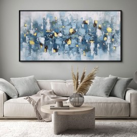 KLAKLA Blue and White Abstract Wall Art - Living Room Wall Decor Gold Picture Artwork for Walls Prints Paintings Framed Canvas Bedroom Office Guest Room Home Decoration 48x24 Inches