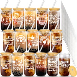 Ziliny 16 Set Teacher Christmas Appreciation Gifts 16 oz Gifts for Teachers Women Men Teacher Cup with Lid Straw and Straw Brush Teacher Gifts Glass Teacher Thank You Gifts for Teachers(Groovy)