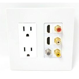 RiteAV - 2 x 15 Amp 125V Power Outlet 3 x RCA - 2 X HDMI and 1 x Coax Cable TV Port Screwless Wall Plate White