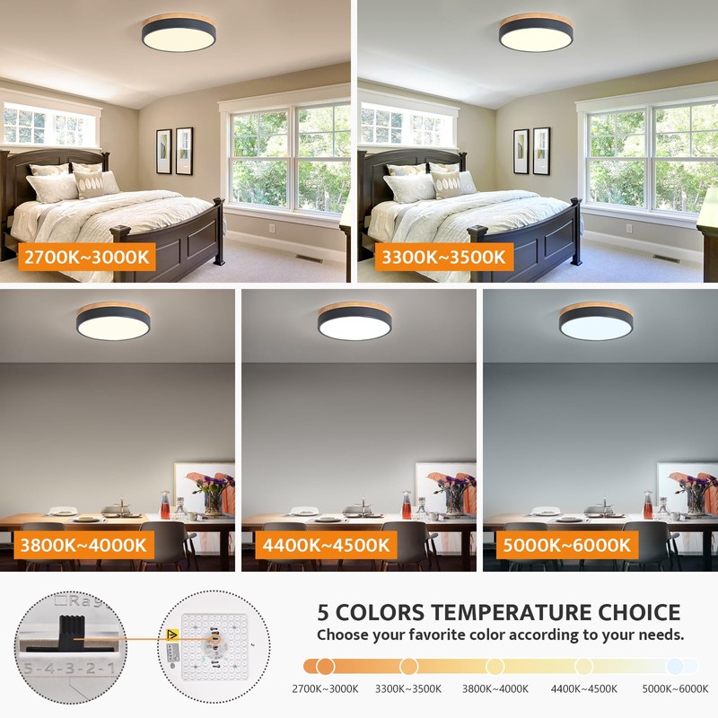 Yiisem Dimmable Wood LED Flush Mount Ceiling Light, 5CCT 2700K-6000K