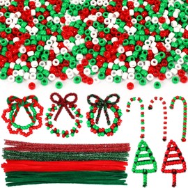 UPINS 1500Pcs Christmas Pony Beads,Red Green and White with Pony Beads 50Pcs Red Green Chenille Stems Pipe Cleaners for Christmas Tree Hanging Wreath Cane Making Party Decoration