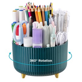 HBlife Pencil Pen Holder for Desk, 5 Slots 360° Degree Rotating Organizers and Accessories, Desktop Storage Stationery Supplies Cute Pencil Cup Pot for Office, School, Home, Art Supply, Dark Green