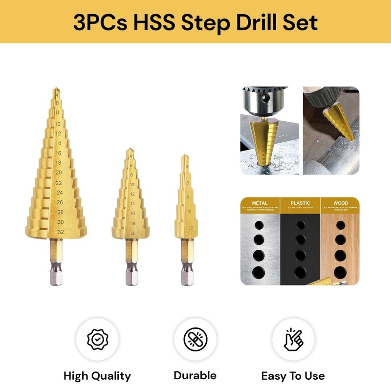 Spendeal 3-Piece Step Drill Bit Set, Hex Shank Quick Change